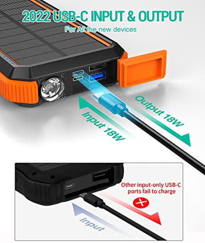 Blavor Solar Power Bank, Pd 18W Qc3.0 Fast Charging 10W Wireless Charger 20000Mah Solar Powered Powerbank With Type C Input/Output, Ipx5 Waterproof, Camping Flashlight, Compass, Carabiner(Orange) #TOP4