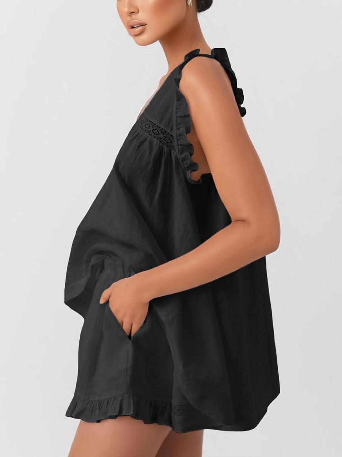 Mxiqqpltky Linen Pajamas Women Set Sleeveless Lace Trim Tank Top and Boxer Shorts Y2k Ruffle Matching Sets Lounge Beach Set - Image 4