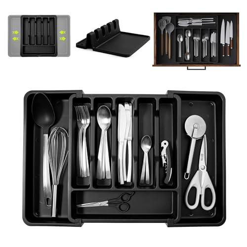 DEGUITY Organizador Cubiertos Extensible|Cubertero para Cajon de Cocina|Organizador de Cubiertos para Cajon con 6 a 8 Compartimentos Ajustables|Bandeja para Utensilios + Soporte Cubierto para Encimera