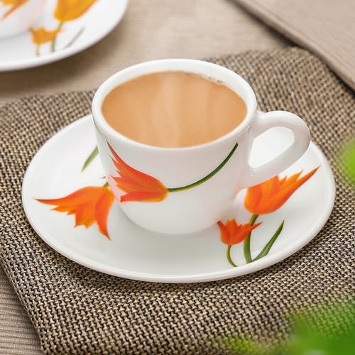 Image of Larah by BOROSIL Firefly Opalware Cup and Saucer Set of 12 pcs | Tea /Coffee Cups 90 ml | Microwave & Dishwasher Safe | Bone-Ash Free | Crockery Set Ideal for Daily Use & Gifting, White
