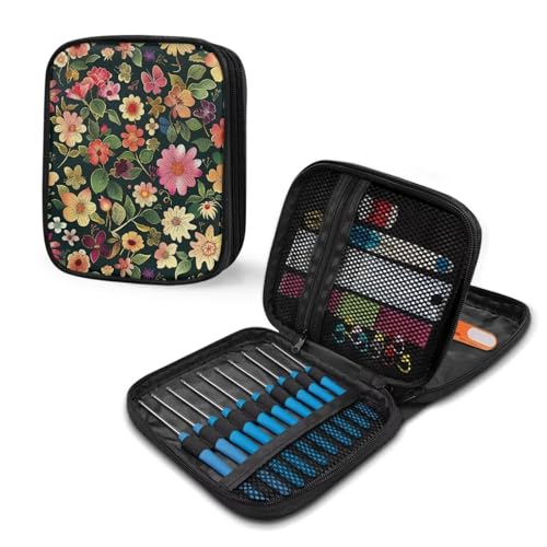 Image of Crochet Hook Case Floral Crochet Hook Holder Portable Crochet Hook Storage Bag with Web Pockets Suitable for Crochet Needles /Knitting Accessories