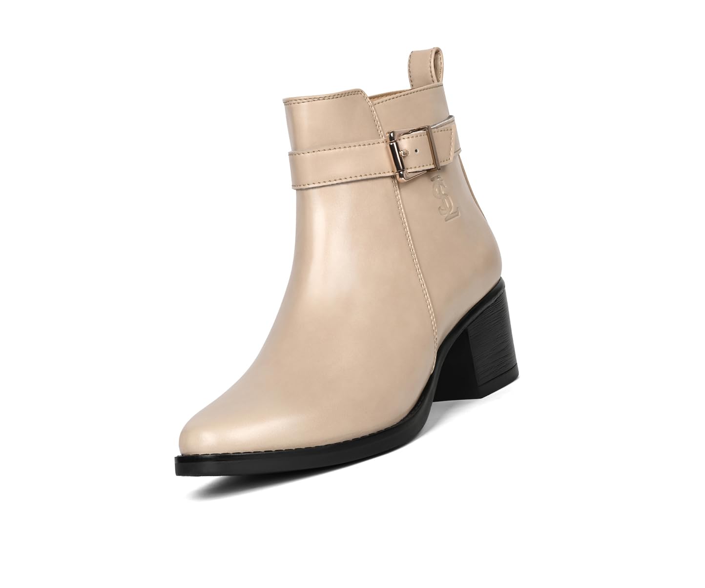 Women’s Beige Mid-Top Ankle Boots | Elegant Neck Belt Buckle Chelsea Boots | Slip-On Boots for Women | Boot for Casual Outings| LSLD-CLBT-NBBBG