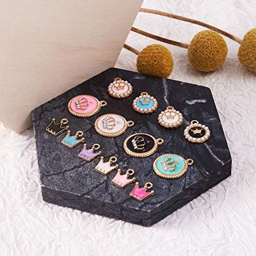 Cheriswelry 68pcs Alloy Enamel Flat Round Crown Pendants Resin Rhinestone King Crown Dangle Charms Golden Plated for DIY Jewellery Bracelet Making - Image 3