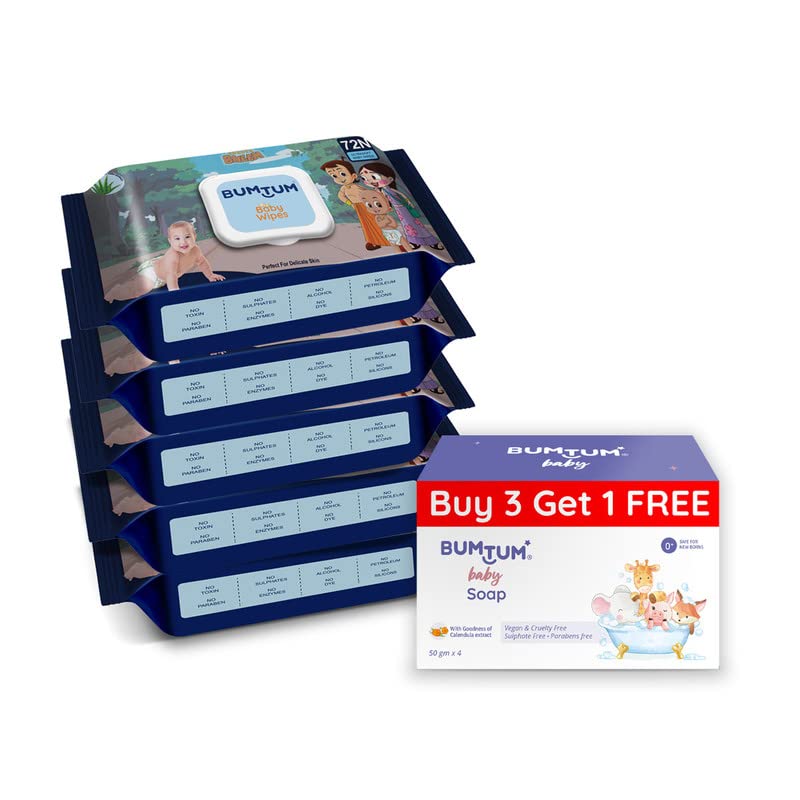 Image of Bumtum Chota Bheem Gentle Soft Moisturizing Wet Wipes With Lid - 360 Pcs.(Pack of 5) & Baby Soap (4N x 50 Gram) Combo