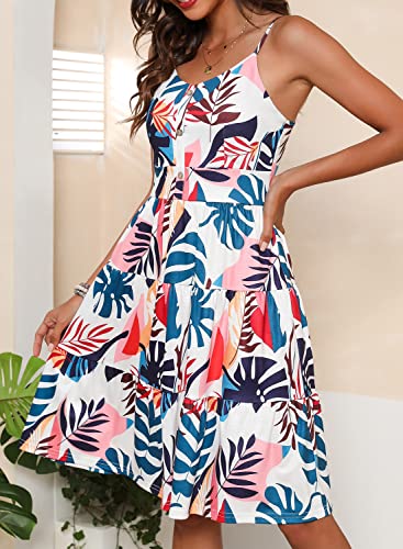 Image of YATHON Sundresses for Women Casual Summer Beach Sleeveless Spaghetti Strap Dress Button Down Ruffle Flowy Pleated Dresses