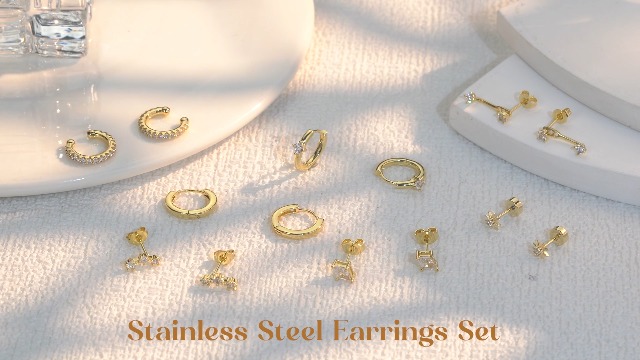 8 Paia Orecchini Donna Dochais In Acciaio Chirurgico 316L Placcato Oro 14K - Set Con Cerchi 6-10 Mm E Perno Flat, Ipoallergenici
