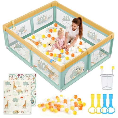 SOFTHOM Parque infantil con colchón, 150 x 180, parque infantil con red transpirable y fondo antideslizante, centro de actividades seguro y estable para niños con 60 pelotas oceánicas, anillos de