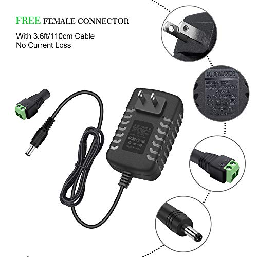 Image of 12V Power Supply, 12 Volt 2A 24W DC Power Supply, Black LED Power Adapter, AC 110V to 12V Wall Mounted Transformer Plug for LED Strip Lights with 5.5 /2.1 DC Female Connector