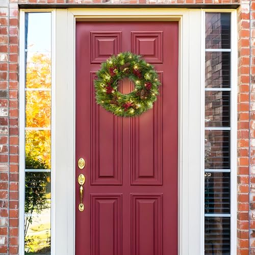 Garvee Christmas Wreath with Lights, 22 Inch Artificial Christmas Wreaths for Front Door, Battery Operated Xmas Wreath with Pine Cone and Berries, Christmas Decorations for Windows, Wall, Mantel