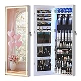 LVSOMT LED Mirror Jewelry Cabinet, Wall/Door Mount Jewelry Armoire Organizer with Lights, Full Length Mirror with Jewelry Storage, Over the Door Hanging Jewelry Cabinet (White)