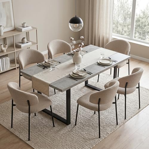 JEIXI Ensemble table de salle à manger extensible et 6 chaises avec plateau en MDF effet béton gris et chaises en lin 130-170 cm