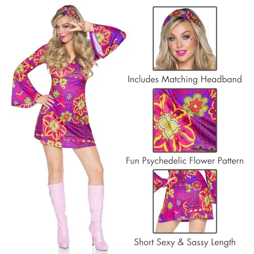 Image of Leg Avenue Women's 2 Pc Hippy Girl Costume for Women Hippie Dress With Headband