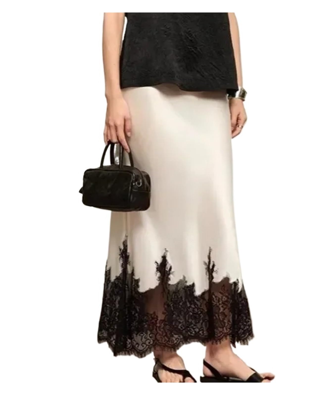 Gonna Satin Gonna Lunga Elegante in Raso for Donna, Gonna Lunga con Orlo in Pizzo Patchwork, Gonna da Donna di Temperamento