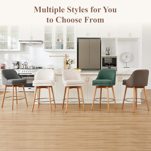 Image of kinmars Swivel Counter Height Bar Stools Set of 4, 27 inch, Sand | Set of 4 swivel counter height stools with upholstered seats, supportive backrest and solid wood legs for kitchen islands.