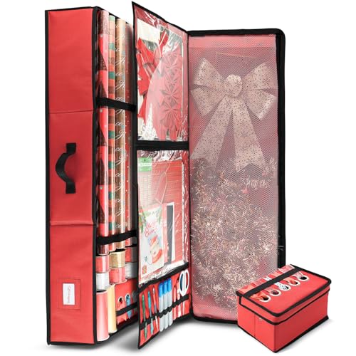 Image of Hearth & Harbor Wrapping Paper Storage Container - Christmas Storage Bag with Ribbon Dispenser and Interior Pockets - Gift Wrap Organizer Fits Up to 26 Rolls of 40 inch Length, Red