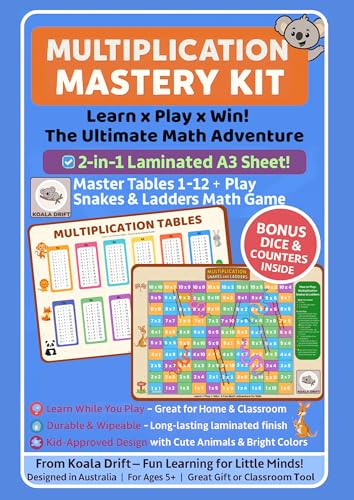 Image of Multiplication Table Poster - Fun Educational Math Chart with Snakes and Ladder Game based Theme - 1 to 12 Times Table Learning for Classroom, Homeschool or Bedroom - A3 Laminated Wall Poster
