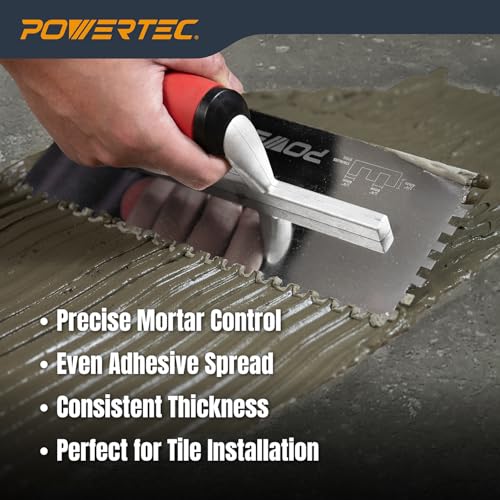Image of POWERTEC Stainless Steel Trowel with 1 /4 inch x 1 /4 inch Square Notch, Soft Grip Handle for Cement, Concrete, Masonry Tile Installation Work (72180)