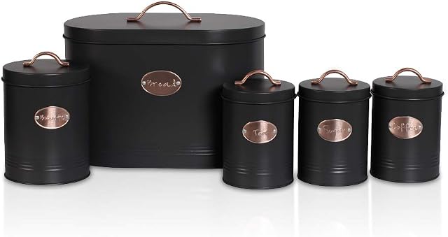 5pc Kitchen Storage Container Set - Bread Bin + Tea Sugar Coffee Biscuit Tins by Crystals® (Black)