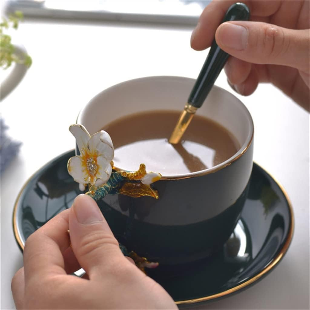 Ceramic Handmade Enamel Painted 3D Flower Coffee Cup With Saucer Set Office Teacup Porcelain Milk Mug(E)