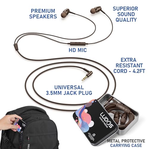 Image of LUDOS OMNITONE Wired Earbuds in-Ear Headphones, 5 Year Warranty, Earphones with Microphone, 3.5 mm Jack Corded Ear Buds, Videoconference for iPhone, Samsung, Laptop, Kids, School Students - Brown