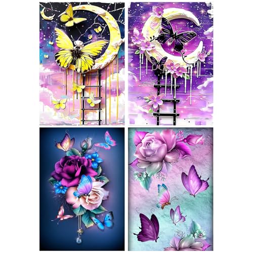 EWJRNSF 5D Diamond Painting Kits for Adults Beginners, Diamond Arts Kits Diamond Art Sets,Gem Painting Arts & Crafts Home Wall Decoration 11.8x15.7 Inches 4 Pack Moon and Butterfly