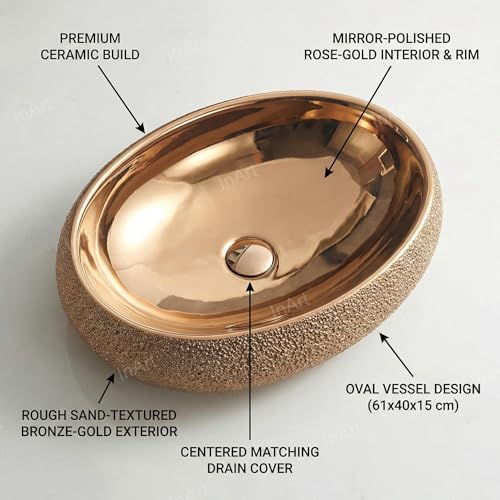 Image of Inart Table Top Premium Designer Ceramic Wash Basin /Vessel Sink for Bathroom 24 x 16 x 6 Inch Rose Golden Color Polished Finish