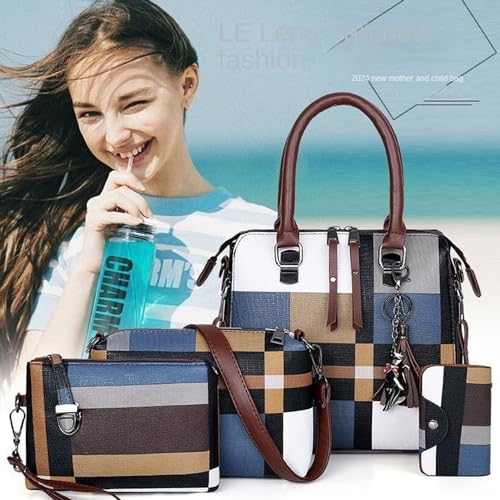 JZ - Bolso tote para mujer, set de 4 piezas, bolso de hombro, bolso bandolera y bolso satchel con estampado a cuadros y cremallera miniatura 2