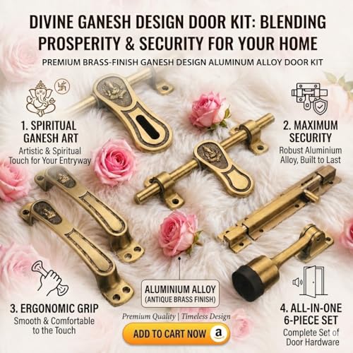 Image of Complete Aluminium Single Door Fitting Hardware Set (Antique Finish; 10-Inch) - Ganesh Design Kit (Aldrop; Latch; Handles; Tower Bolt & Stopper)