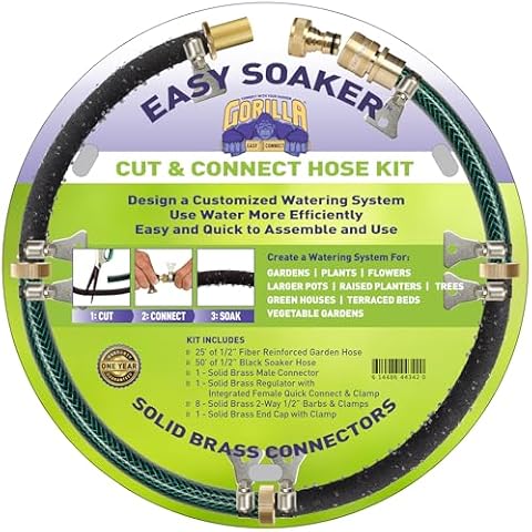 Gorilla Easy Connect Easy Soaker Hose Watering Kit with Brass Fittings Includes Customizable System with Garden Hose, Soaker Hose and Reusable Brass Fittings with Quick Connector Regulator. Cover