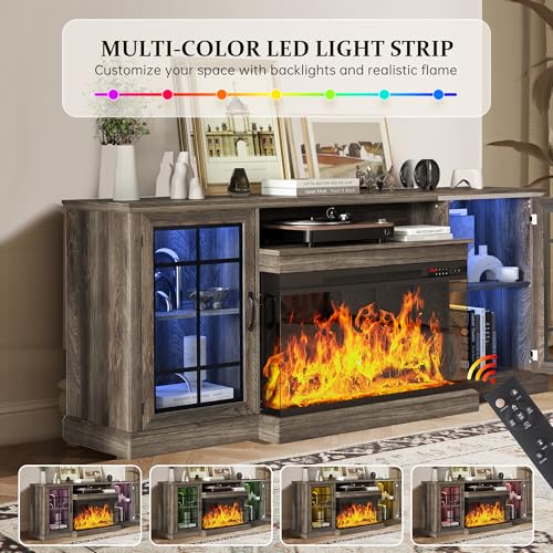 Image of MXV 70'' Fireplace TV Stand, Farmhouse Entertainment Center with 3 Sided Glass TV Stand, Modern Media Console Table with Storage Drawers & Cabinets with LED Flame and Lights for Living Room, Gray