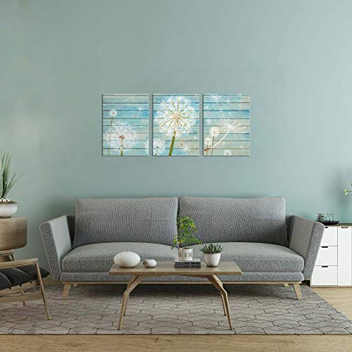 Zlove Teal Art Home Decor 3 Pieces Flower Canvas Wall Art White Dandelion On Blue Wood Background Neutral Floral Picture Stretched And Framed For Rustic Home Decor Ready To Hang 12X16Inchx3Pcs #TOP1