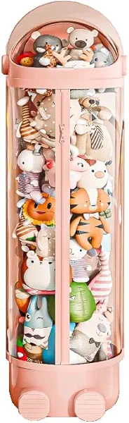 Stuffed Animal Storage Clear Tube with Zipper Home Decor, Stuffed Animal Organizer for Kids Large Toy Storage Box with Lid, Plush Doll Organization Bucket Container Christmas Gift (Pink, Large)