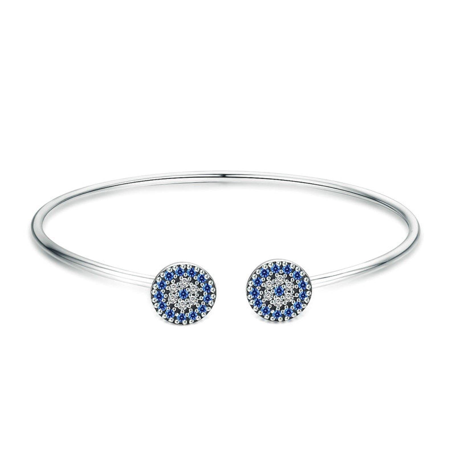 Lokiloki Women's Blue,Silver New 925 Sterling Silver Lucky Blue Eyes Blue Cz Open Cuff Bangle & Bracelet Luxury Silver Jewelry