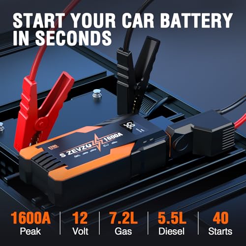 Image of S ZEVZO Jump Starter 1600A Peak Portable Jump Starter for Car (Up to 7.0L Gas 5.5L Diesel Engine) 12V Auto Battery Booster Pack with Jumper Clamps