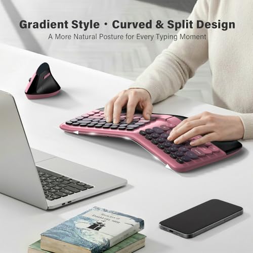 Image of MOFII Wireless Ergonomic Keyboard & Mouse Combo - Split Curved Keyboard with Wrist Rest (All-Day Comfort) + Wireless Vertical Ergonomic Optical Mouse, Compatible with PC /Laptop /Desktop- Pink Gradient