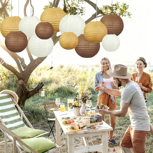 Image of Brown Boho Paper Lanterns Decorative 12pcs Caramel Party Hanging Decorations Rustic Party Wedding Natural Baby Shower Boho Brown Birthday Party Home Decor