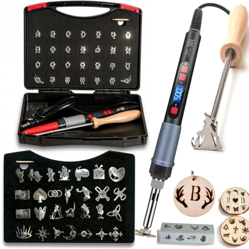 56 Pcs Branding Iron Set for Wood & Leather, 1/2" Letters, Numbers & Designs Kit, Electric (Temp Adjustable) + Fire (Wood Handle), Portable Toolbox for DIY Carpentry BBQ (56 Pcs)