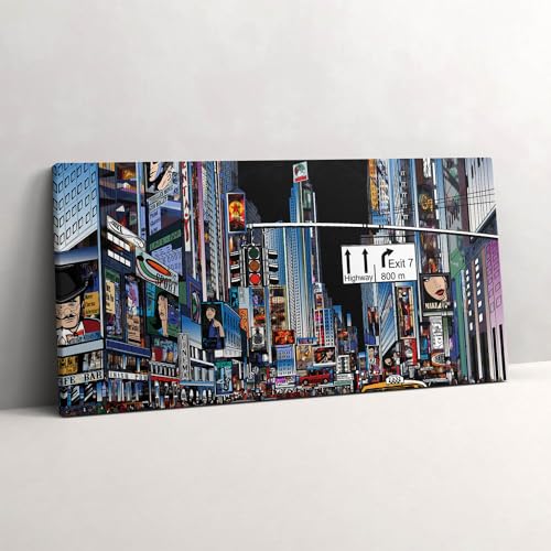 Tableau New York 140x70cm Wallfluent : l'art comique sur toile pour illuminer une pièce sombre