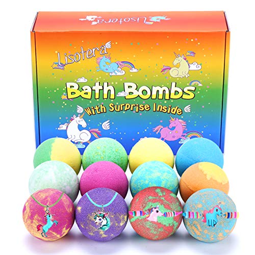 Bath Bombs for Kids with Surprise Inside for Girls Boys - 12 Pcs XXL Large Size Gift Set, Surprise Unicorn Necklace Bracelet, Handmade Bubble Bath Fizzies Spa Fizz Balls Kit for Women