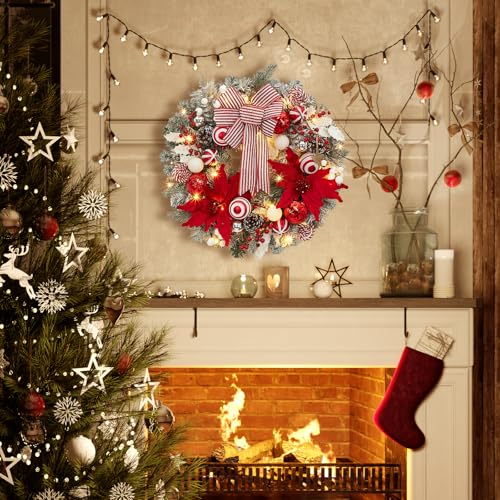 GarveeHome 24" Pre-Lit Christmas Wreath for Front Door, Large Artificial Christmas Wreath, Battery Operated Lighted Xmas Wreath for Door Window Indoor Outside Xmas Home Decor, Red and White