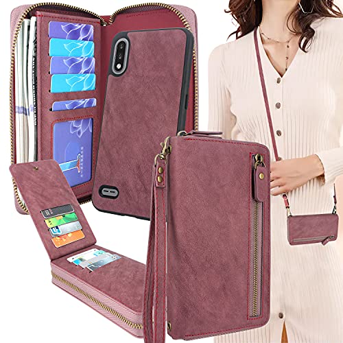 Lacass Crossbody Chain Dual Zipper Detachable Magnetic Leather Wallet Case Cover Wristlets Wrist Strap with 13 Card Slots Money Pocket for LG K22/K22+ Plus/K32 5G(Wine red)