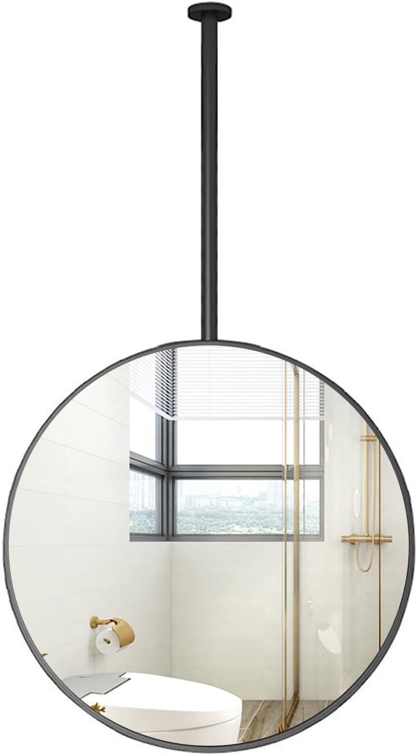 Modern Ceiling Mounted Round Mirror with Ceiling Hanging Rod, Round Decorative Bathroom Mirrors Creative Large Makeup Shaving Mirrors, Black (Size : Diameter-50CM/19.7INCH)