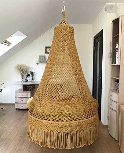 Image of KAAHIRA Bohemian Macrame Hanging Swing Chair- Aesthetic Cotton Rope Hammock for Indoor & Outdoor - Patio, Balcony, Bedroom, Living Room, Garden-Kids, Adults & Pets - Boho Decor (Yellow)