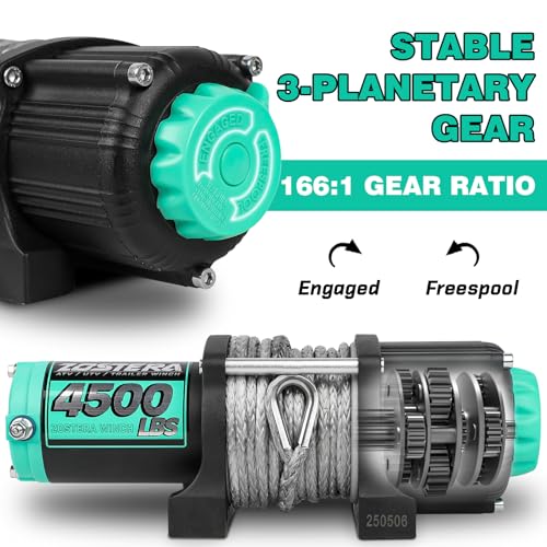 Image of 4500lbs ATV /UTV Winch with Synthetic Rope, Electric Boat Trailer Winch 12V, Waterproof Winch with 2 Wireless Remotes &Wired Switch,with Mounting Plate,Aluminium Fairlead