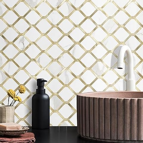 Vamos Tile Rhombus Seamless Peel and Stick Backsplash for Kitchen - 10 Sheets Stick on Backsplash for Kitchen and Bathroom Statuario White PVC Mixed Metal Light Gold Self Adhesive Mosaic Wall Tiles Cover