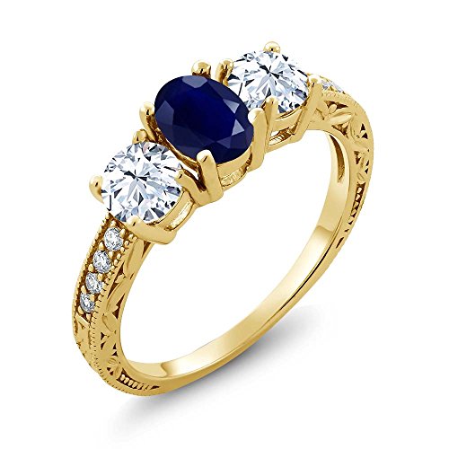 Gem Stone King 2.64 Ct Oval Blue Sapphire 18K Yellow Gold Plated Silver 3-Stone Engagement Ladies Ring (Size 6)