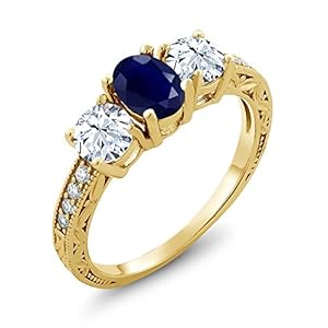 Gem Stone King 18K Yellow Gold Plated Silver Blue Sapphire 3-Stone Engagement Ladies Ring For Women (2.64 Cttw, Oval 7X5MM, Available 5,6,7,8,9) (Size 5)