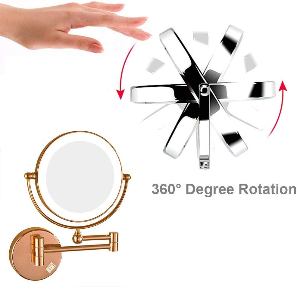 Wall Mounted Makeup Mirror with Magnification 360 Degree Swivel Two-Sided Extendable No Need to Punch Holes to Install(Rose Gold,10x)