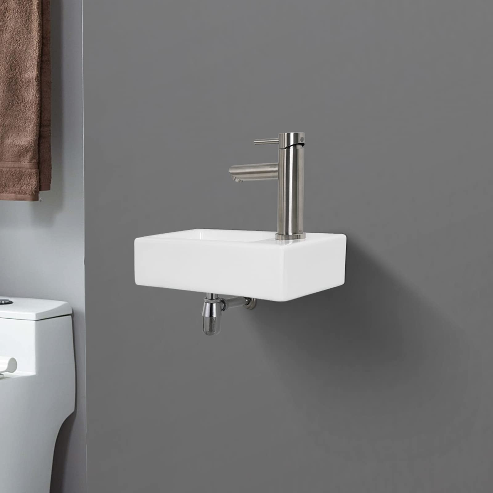 Ibergrif M41102-R, Lavabo Lave Main Blanc Rectangulaire en Céramique Suspendu pour Salle de Bains et WC & Wirquin SP3178 Siphon de lavabo et lave-mains à culot court, blanc