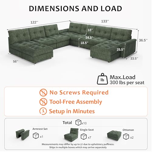 Image of Oversized Modular Sectional Sofa with Storage, Modern Deep Seat Cloud Couch for Living Room, L-Shaped Large Sectional Couch, 7 Seater with 2 Ottomans, Green